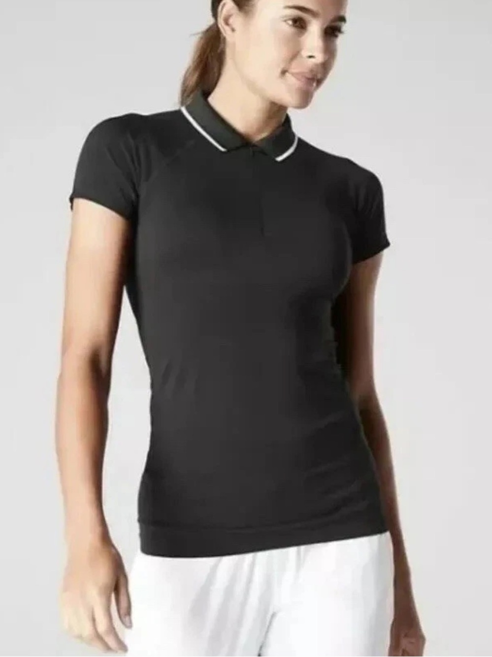 Athleta Momentum Polo Tee Black Seamless Top size medium Golf Tennis Shirt